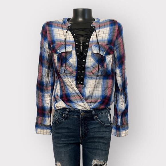 Express Womens Tunic Flannel Plunge V-Neck sz M Long Sleeve Lace Up Top Cottage - Picture 1 of 7